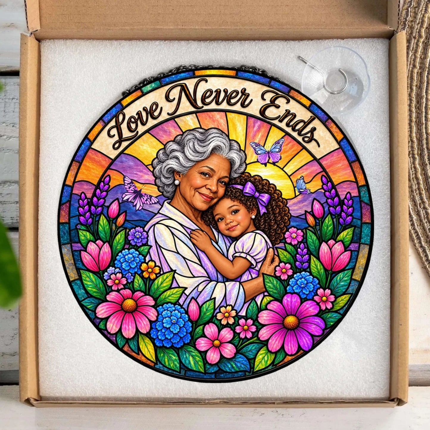 Custom Love Never Ends stained glass suncatcher inside a gift box, featuring a grandmother and granddaughter.