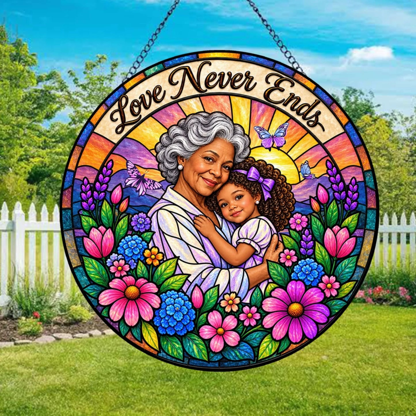 Custom Love Never Ends acrylic suncatcher gift depicting a grandmother and granddaughter with vibrant garden flowers.