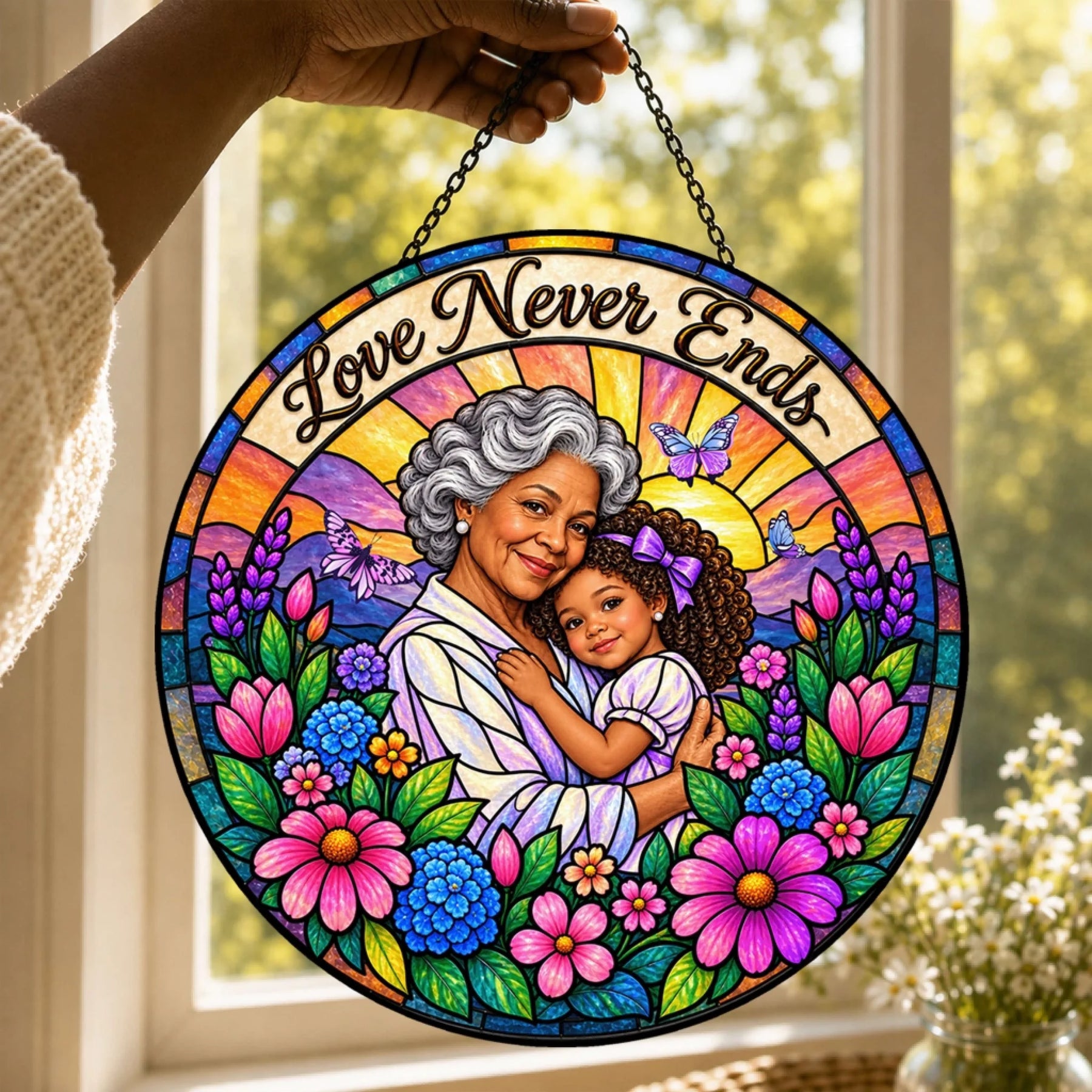 Personalized acrylic suncatcher featuring a grandmother and granddaughter portrait with floral design and Love Never Ends text.