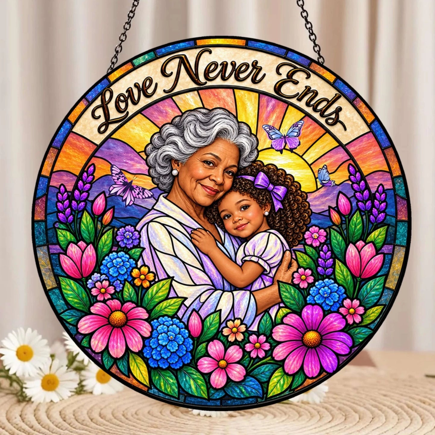 Round Love Never Ends suncatcher featuring a grandmother and granddaughter portrait for a thoughtful family gift.