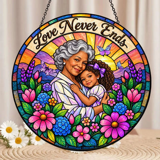 Round Love Never Ends suncatcher featuring a grandmother and granddaughter portrait for a thoughtful family gift.