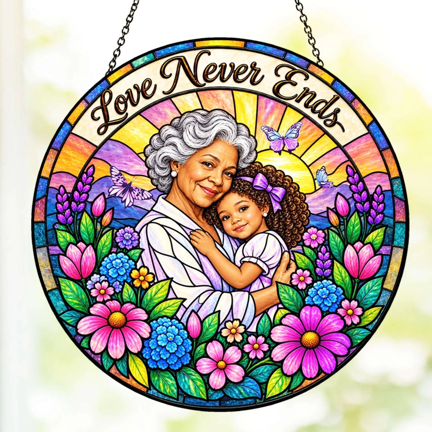 Personalized stained glass suncatcher featuring an illustration of a grandmother and granddaughter with floral art.