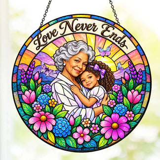 Personalized stained glass suncatcher featuring an illustration of a grandmother and granddaughter with floral art.