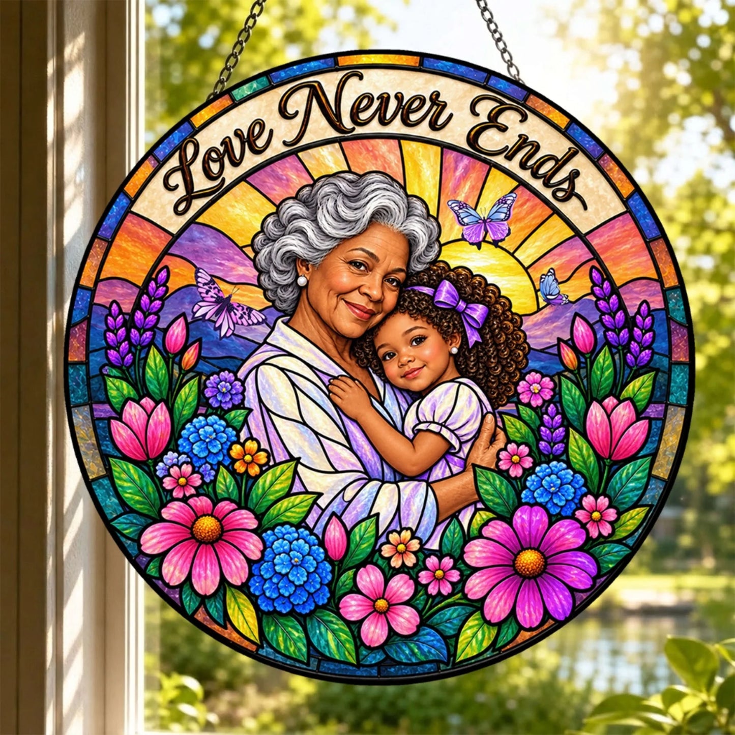 Personalized stained glass suncatcher with a grandmother and granddaughter portrait and floral stained glass art.