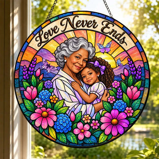 Personalized stained glass suncatcher with a grandmother and granddaughter portrait and floral stained glass art.