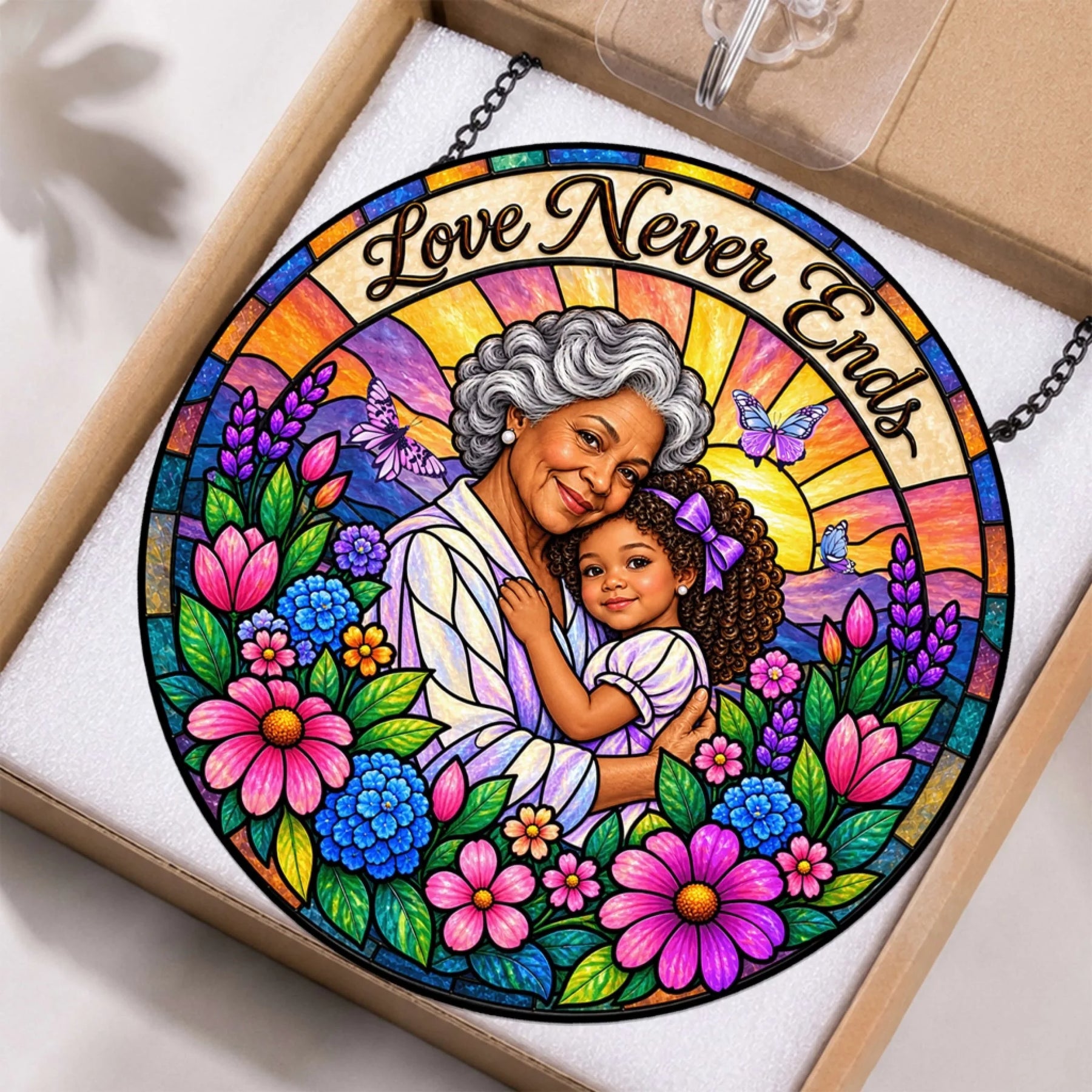 Personalized Love Never Ends stained glass suncatcher gift for grandmother in a protective packaging box.