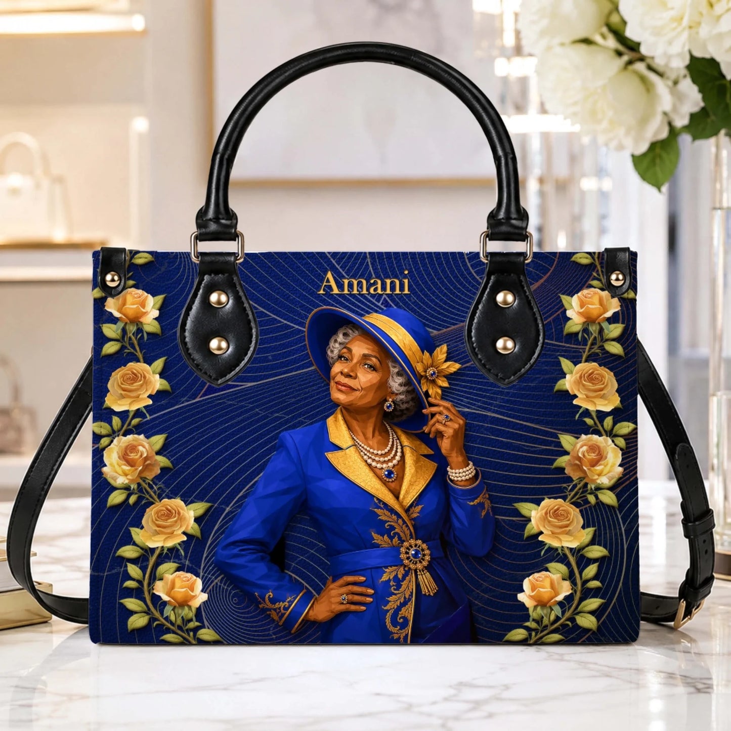 High-quality handbag showcasing a custom portrait of a woman in a blue suit surrounded by yellow roses.