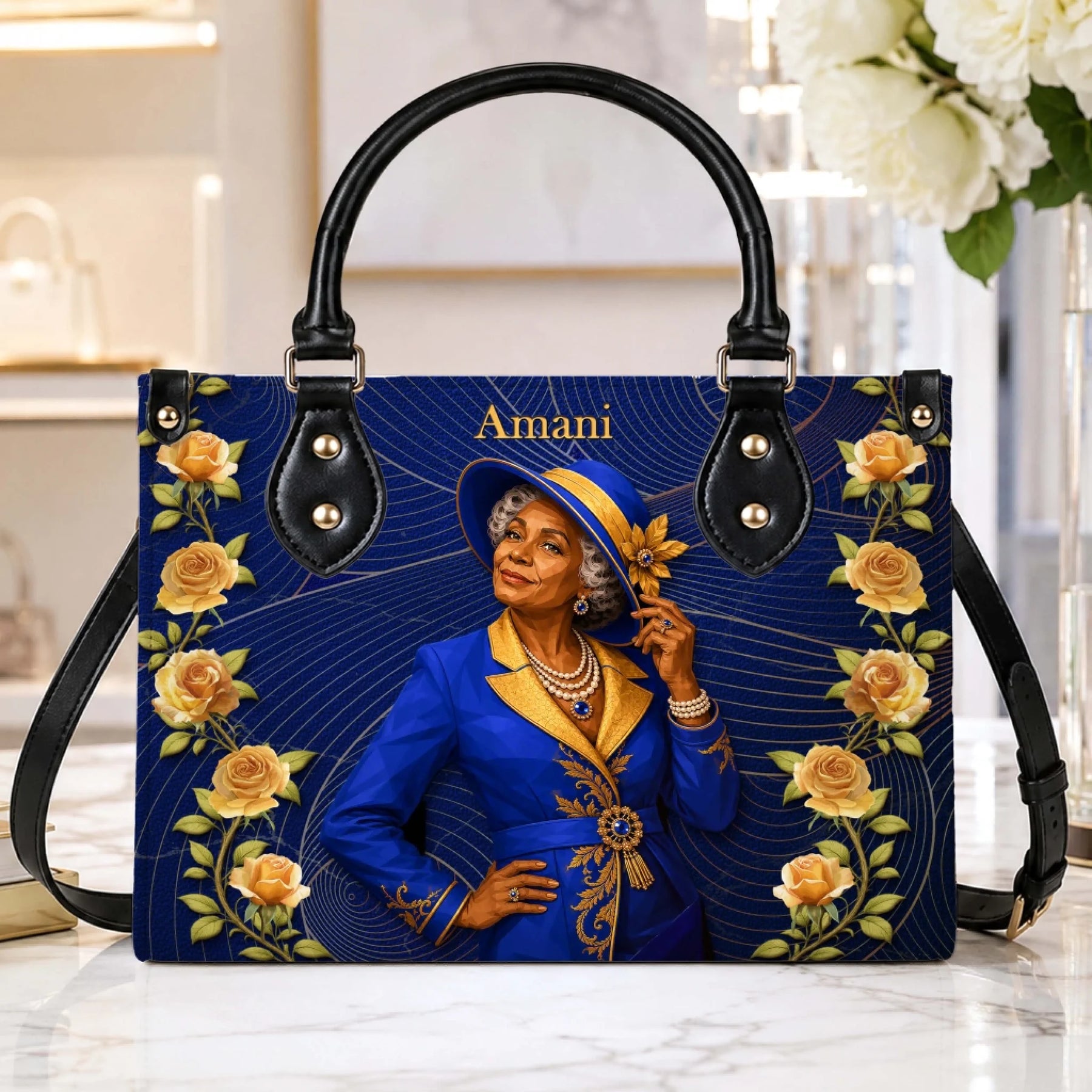 High-quality handbag showcasing a custom portrait of a woman in a blue suit surrounded by yellow roses.