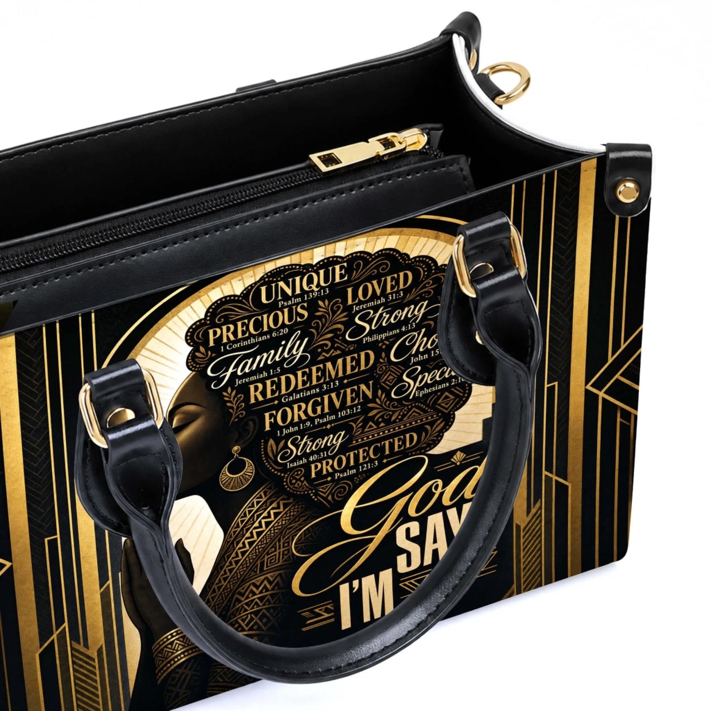 Interior view of a black and gold luxury handbag featuring a praying woman print with various Bible verse quotes.