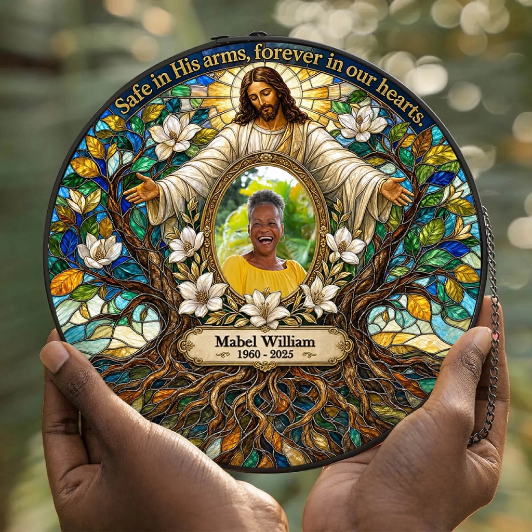 Decorative memorial suncatcher featuring Jesus with open arms, a custom photo of Mabel William, and custom years
