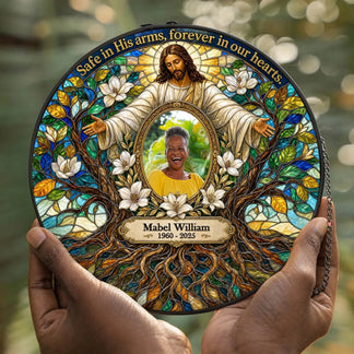 Decorative memorial suncatcher featuring Jesus with open arms, a custom photo of Mabel William, and custom years