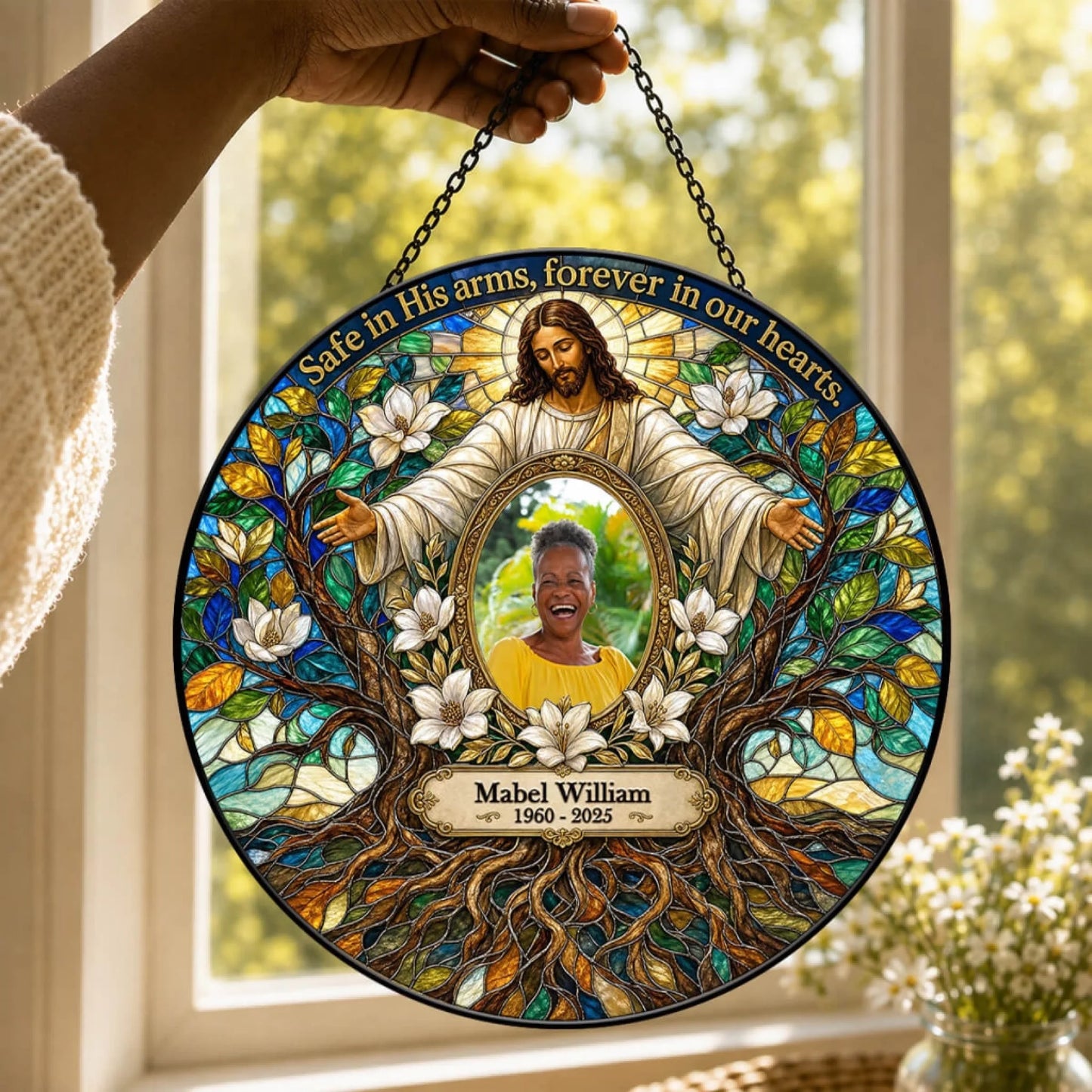 Personalized memorial stained glass suncatcher featuring Jesus in His arms with Mabel William name and dates 1960 2025