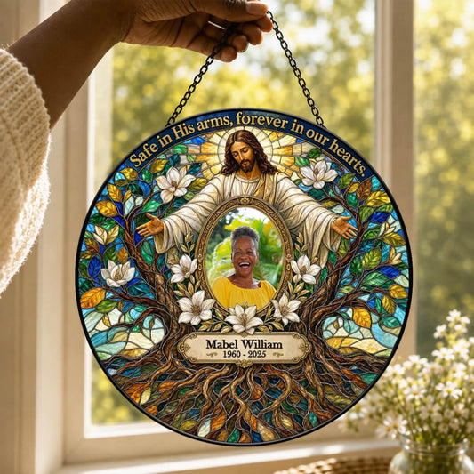 Personalized memorial stained glass suncatcher featuring Jesus in His arms with Mabel William name and dates 1960 2025