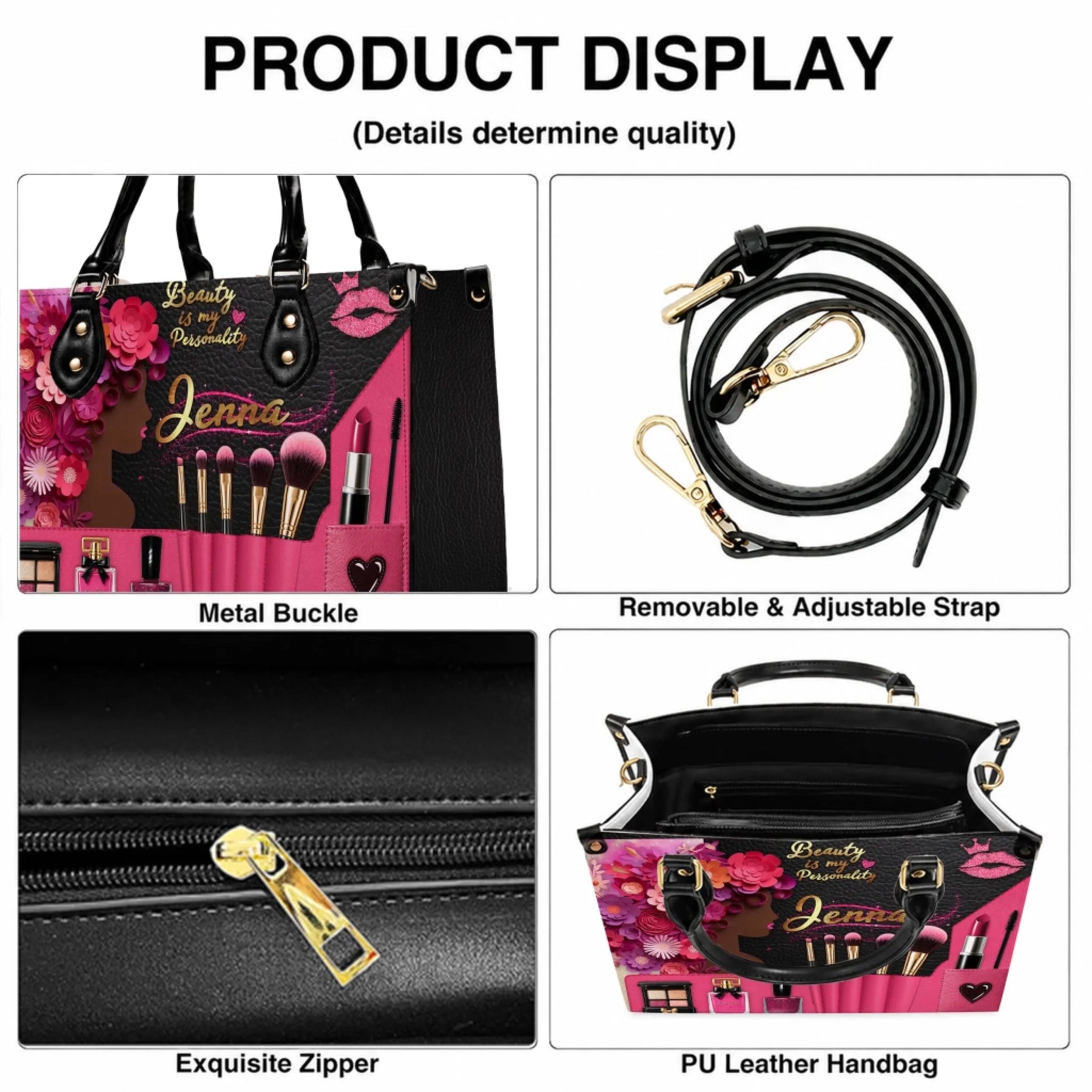 Details of a stylish PU leather handbag with metal buckles, adjustable shoulder strap, and secure zipper closure.