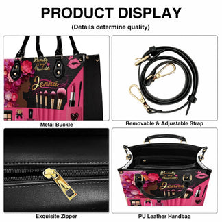 Details of a stylish PU leather handbag with metal buckles, adjustable shoulder strap, and secure zipper closure.