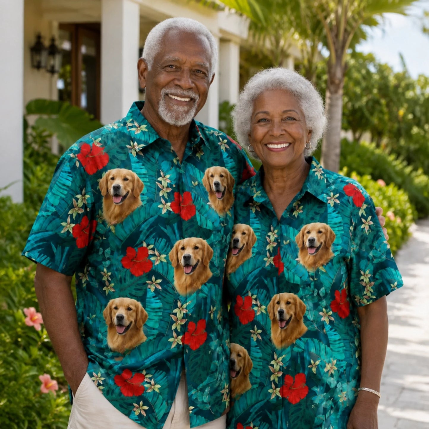 Senior couple wearing matching custom Hawaiian shirts printed with a personalized golden retriever face pattern for summer.