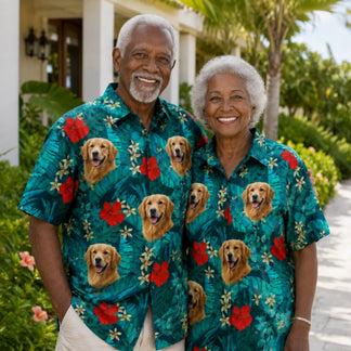 Senior couple wearing matching custom Hawaiian shirts printed with a personalized golden retriever face pattern for summer.