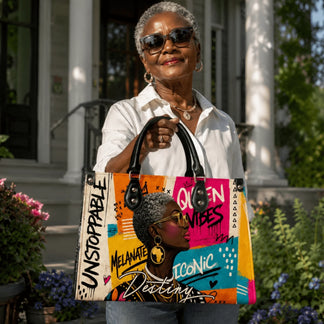 Elegant mature woman in a white shirt holding a fashion handbag featuring colorful portrait art and inspirational quotes.