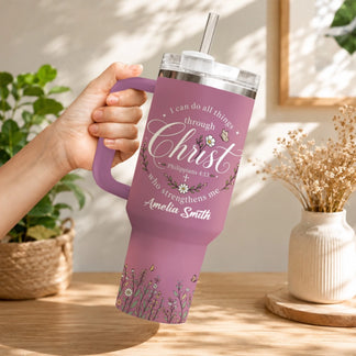 Mauve-colored stainless steel tumbler with straw, featuring inspirational bible verse and floral design.