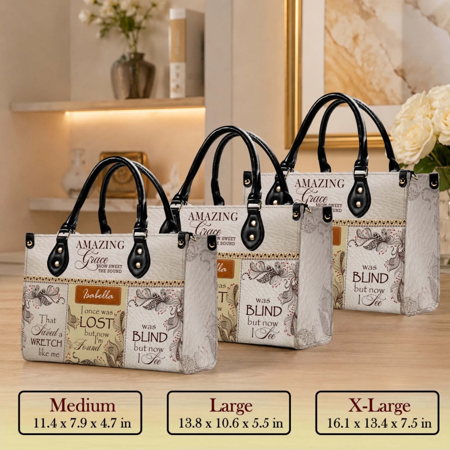 Comparison of medium large and extra large personalized Amazing Grace spiritual handbags with floral details.