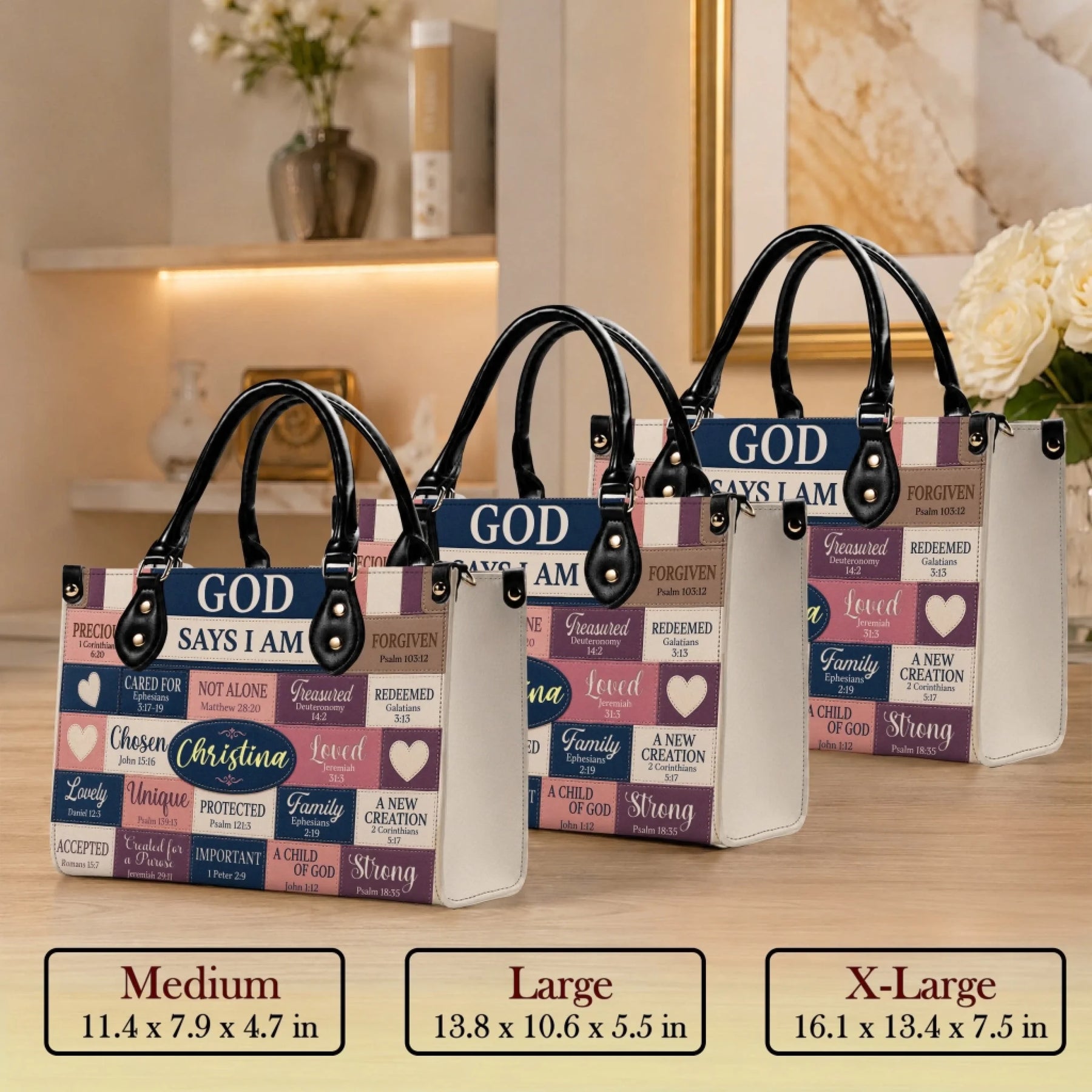 Three sizes of personalized God Says I Am faith theme handbags in medium, large, and extra-large dimensions.