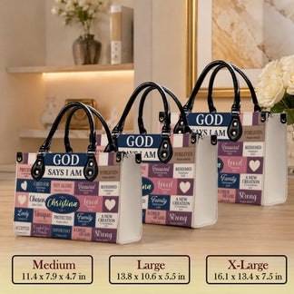 Three sizes of personalized God Says I Am faith theme handbags in medium, large, and extra-large dimensions.