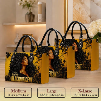 Three sizes of custom PU leather handbags showcasing a Black woman and the Feeling Blacknificent quote for gifts.