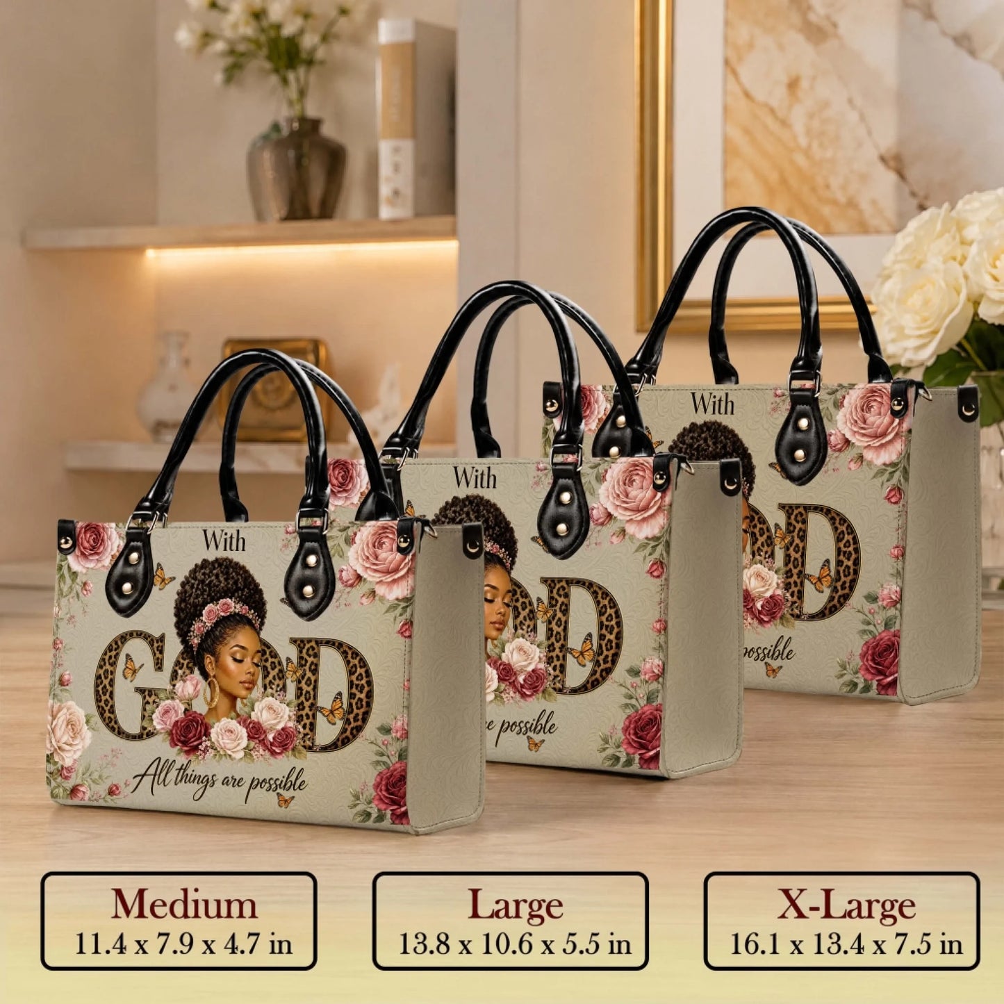 Three sizes of inspirational floral handbags available in medium large and extra large with leopard print text design.