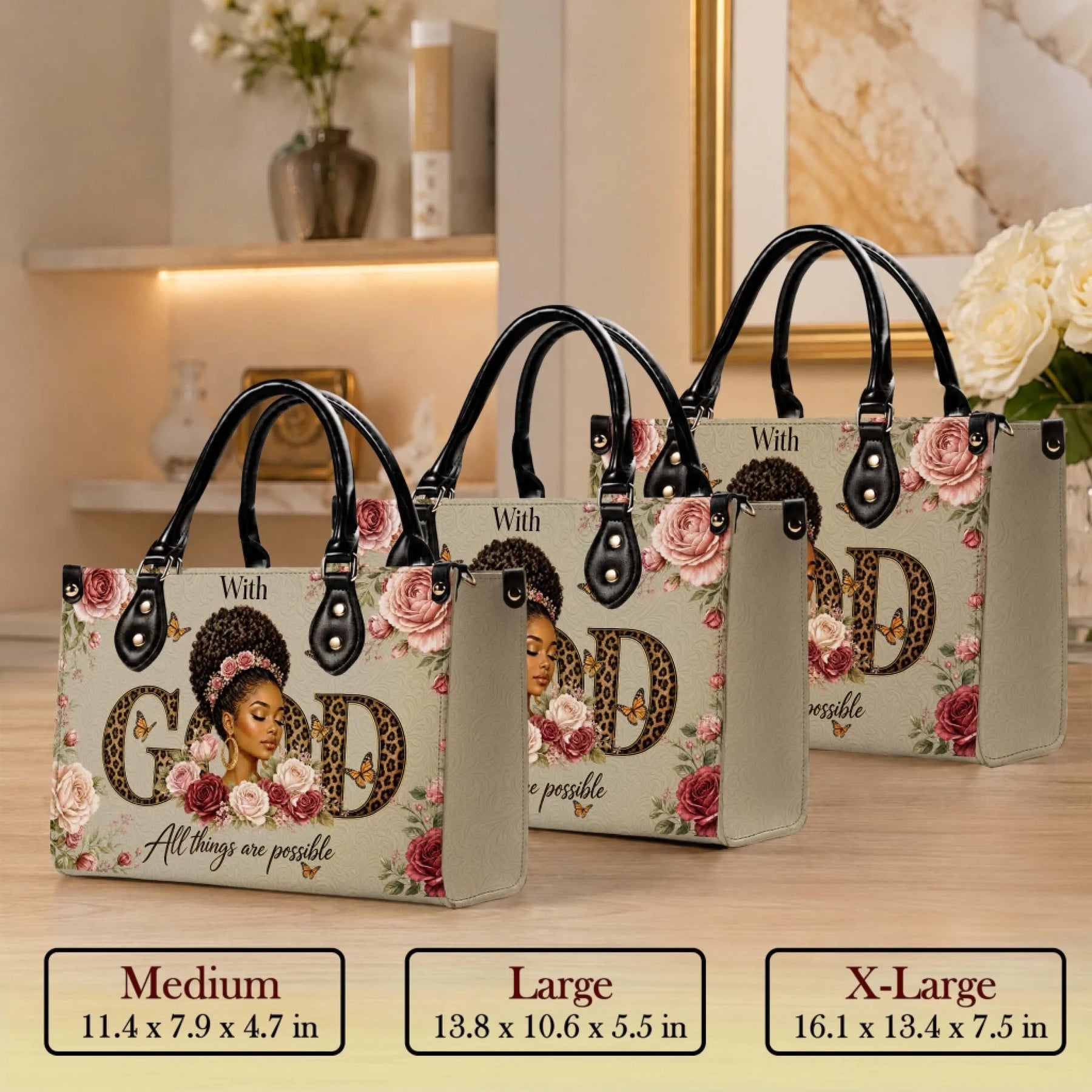 Three sizes of inspirational floral handbags available in medium large and extra large with leopard print text design.