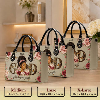 Three sizes of inspirational floral handbags available in medium large and extra large with leopard print text design.