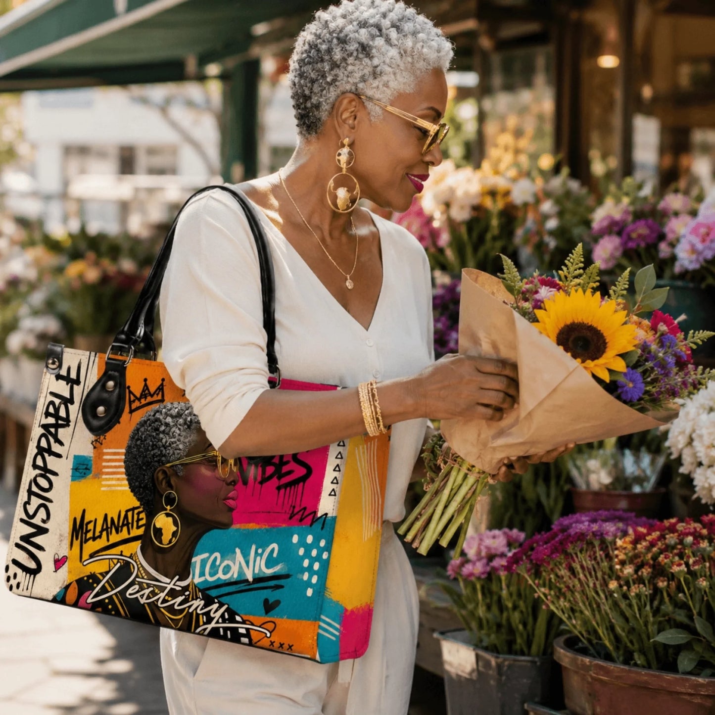A mature woman holding a colorful tote bag with artistic graphic design featuring an iconic Black woman with short hair.