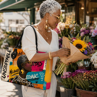 A mature woman holding a colorful tote bag with artistic graphic design featuring an iconic Black woman with short hair.