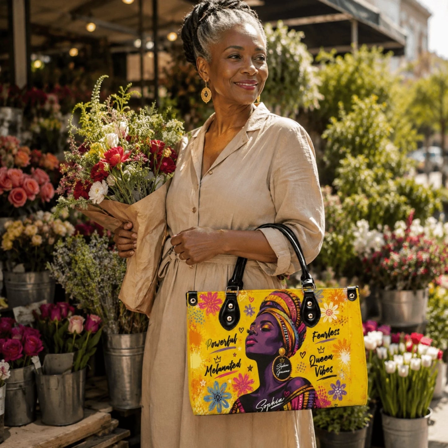 Elegant woman holding a floral bouquet and a personalized queen vibes handbag as a stylish accessory for daily use