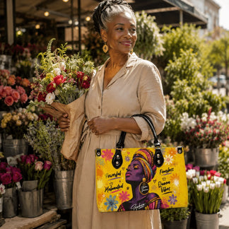 Elegant woman holding a floral bouquet and a personalized queen vibes handbag as a stylish accessory for daily use