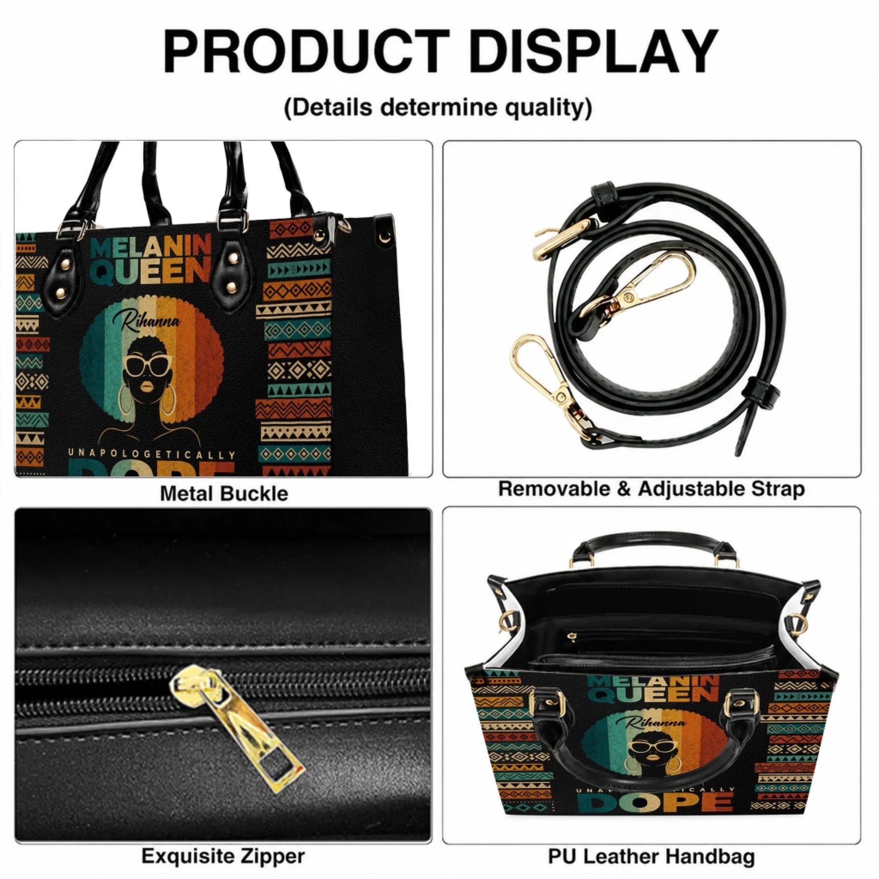 Close up details of the Melanin Queen handbag showing metallic buckles, adjustable strap, zipper, and leather material.