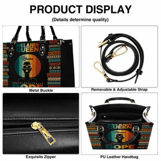 Close up details of the Melanin Queen handbag showing metallic buckles, adjustable strap, zipper, and leather material.