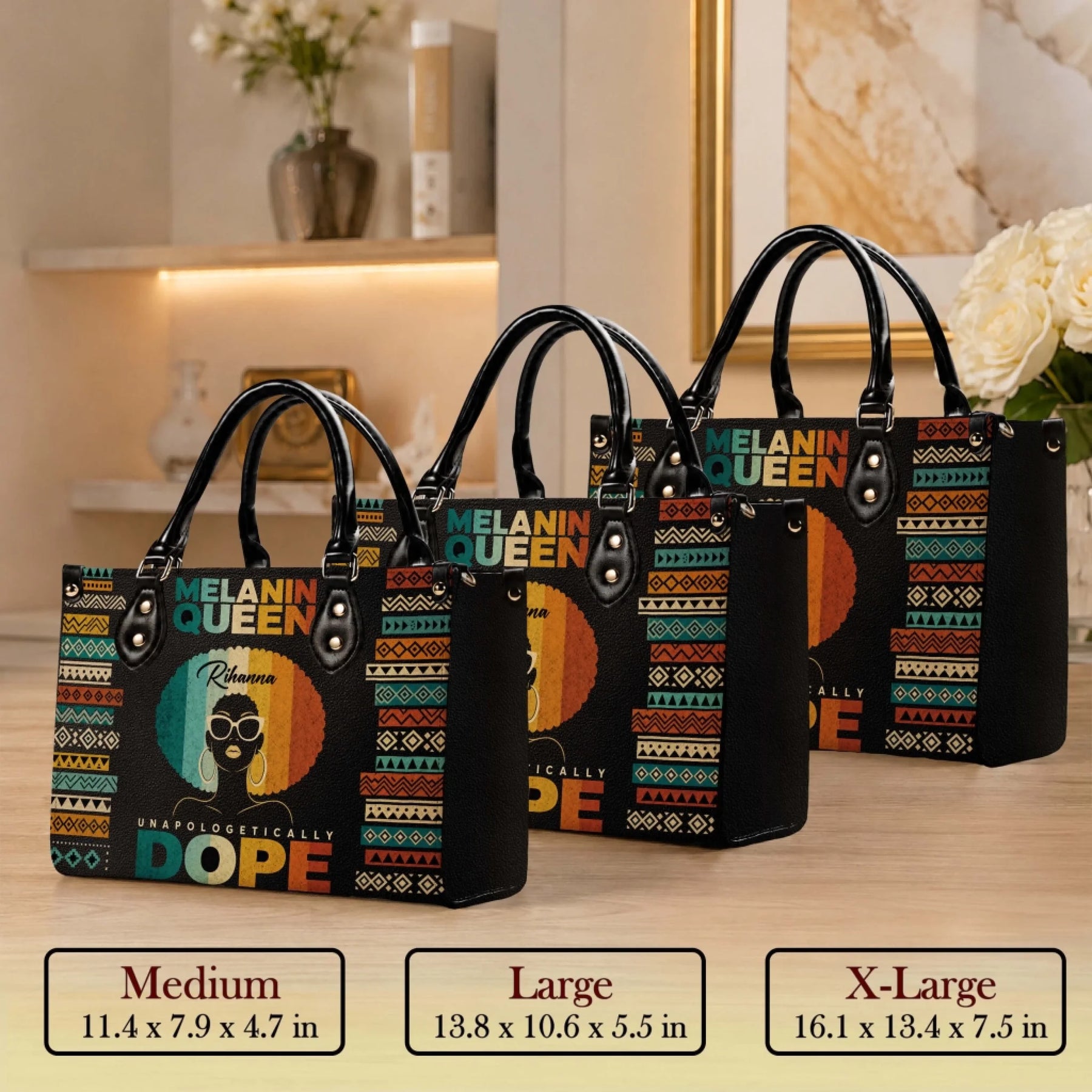 Three sizes of Melanin Queen handbags in medium, large, and extra large with specific dimensions for custom gifting.