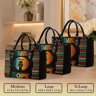 Three sizes of Melanin Queen handbags in medium, large, and extra large with specific dimensions for custom gifting.