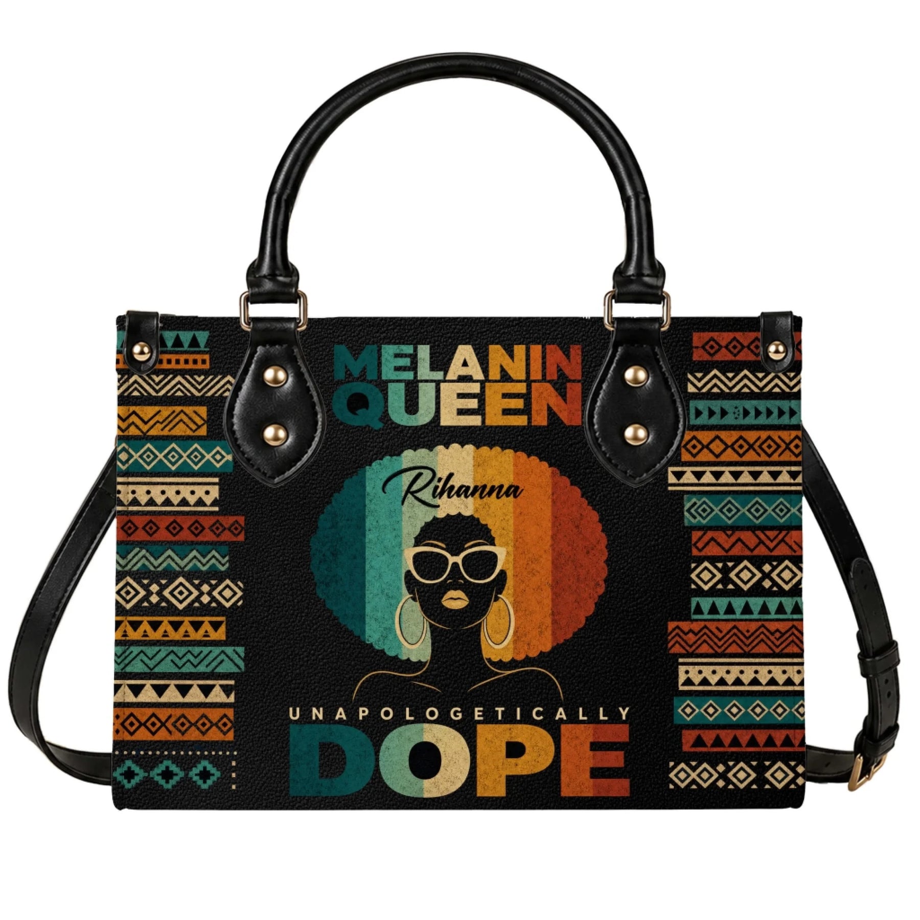 Personalized Melanin Queen tote bag featuring a retro Afro-American woman graphic, custom Rihanna name, and tribal print.