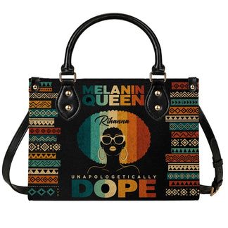 Personalized Melanin Queen tote bag featuring a retro Afro-American woman graphic, custom Rihanna name, and tribal print.