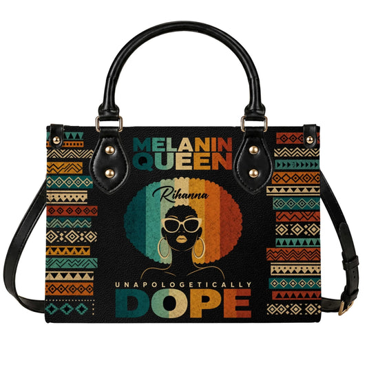 Personalized Melanin Queen tote bag featuring a retro Afro-American woman graphic, custom Rihanna name, and tribal print.