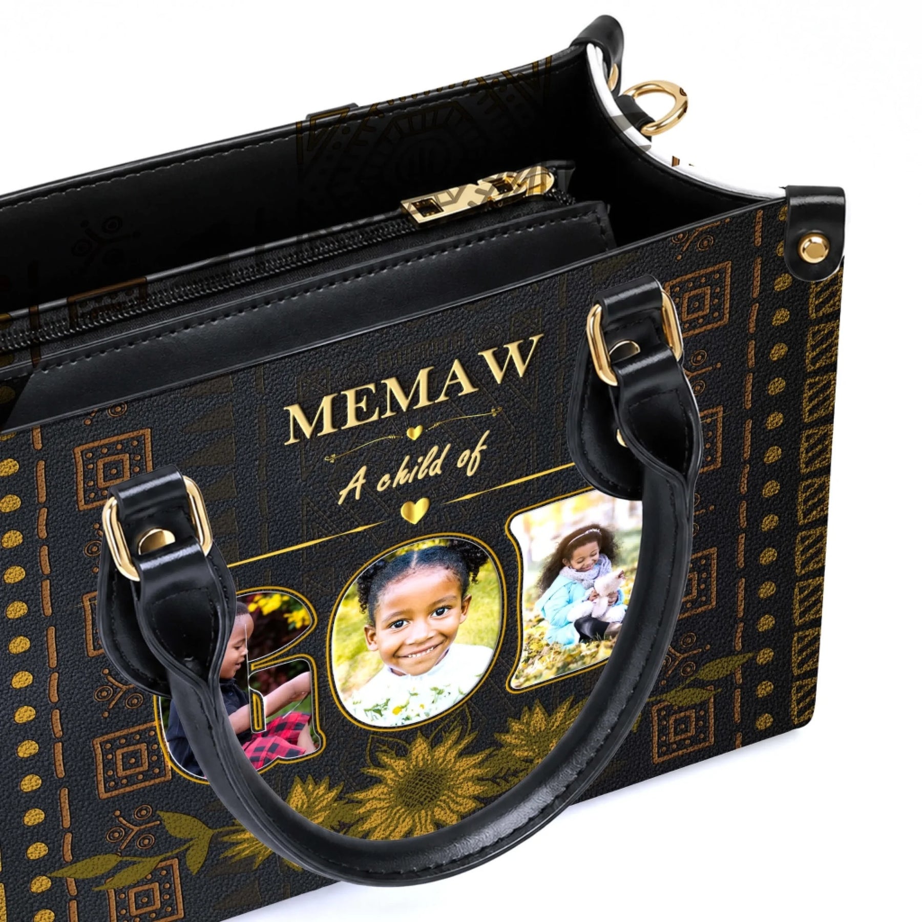 Close up of a personalized black handbag for Memaw with custom photo inserts and gold floral patterned details