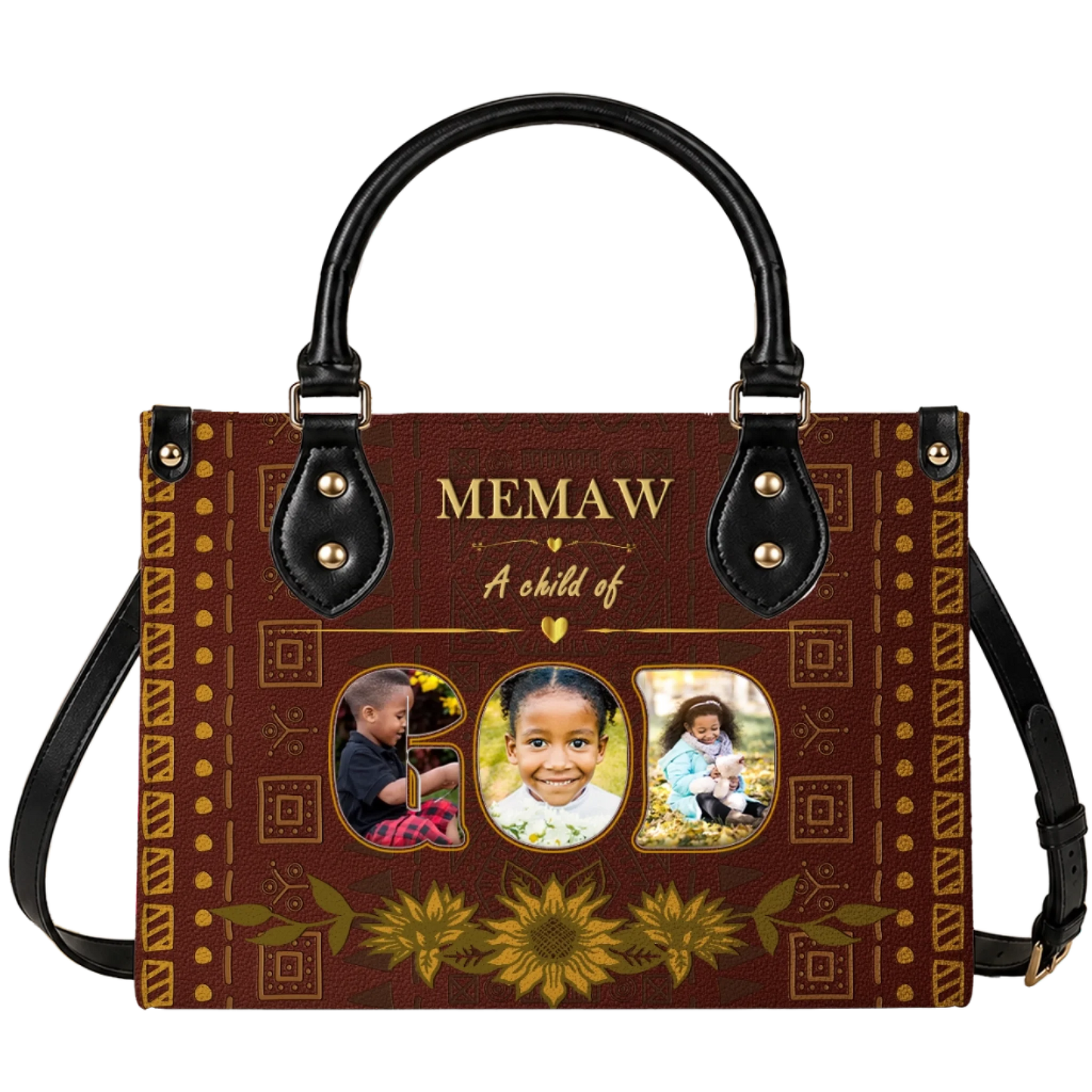 A brown leather handbag personalized with photos of three grandchildren and the custom text Memaw A child of God.