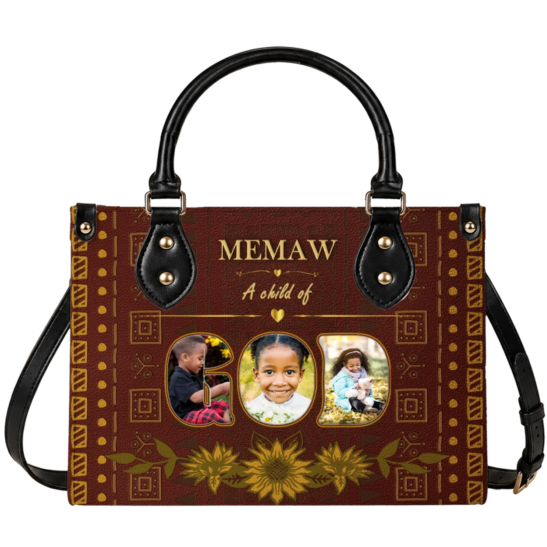A brown leather handbag personalized with photos of three grandchildren and the custom text Memaw A child of God.