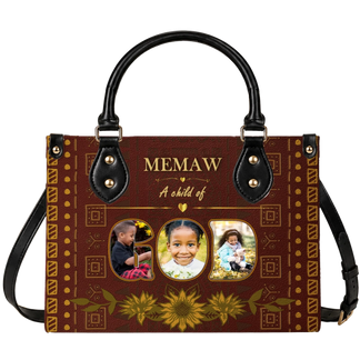 A brown leather handbag personalized with photos of three grandchildren and the custom text Memaw A child of God.