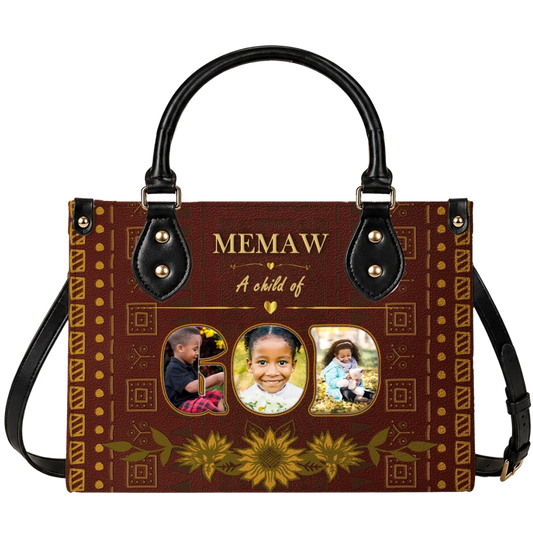 A brown leather handbag personalized with photos of three grandchildren and the custom text Memaw A child of God.