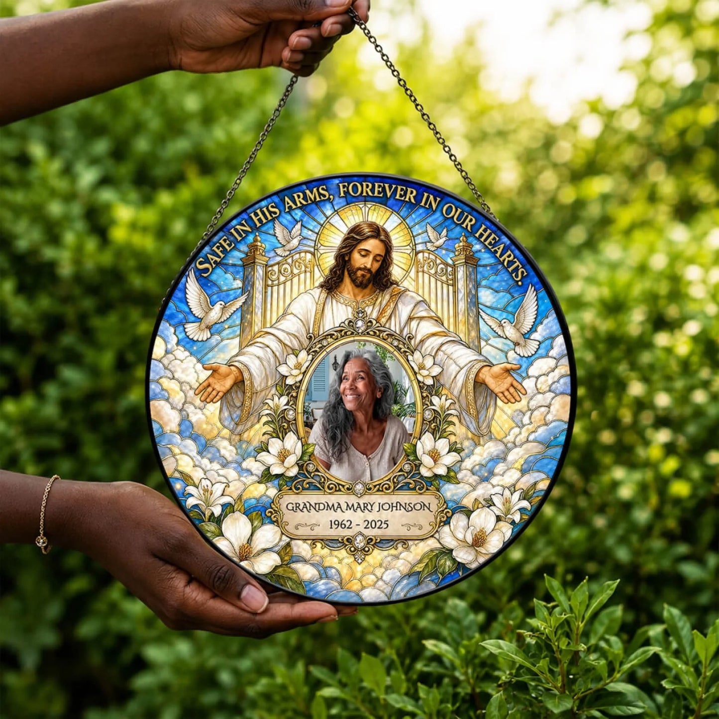 Personalized memorial suncatcher with custom portrait and religious design to provide comfort during loss