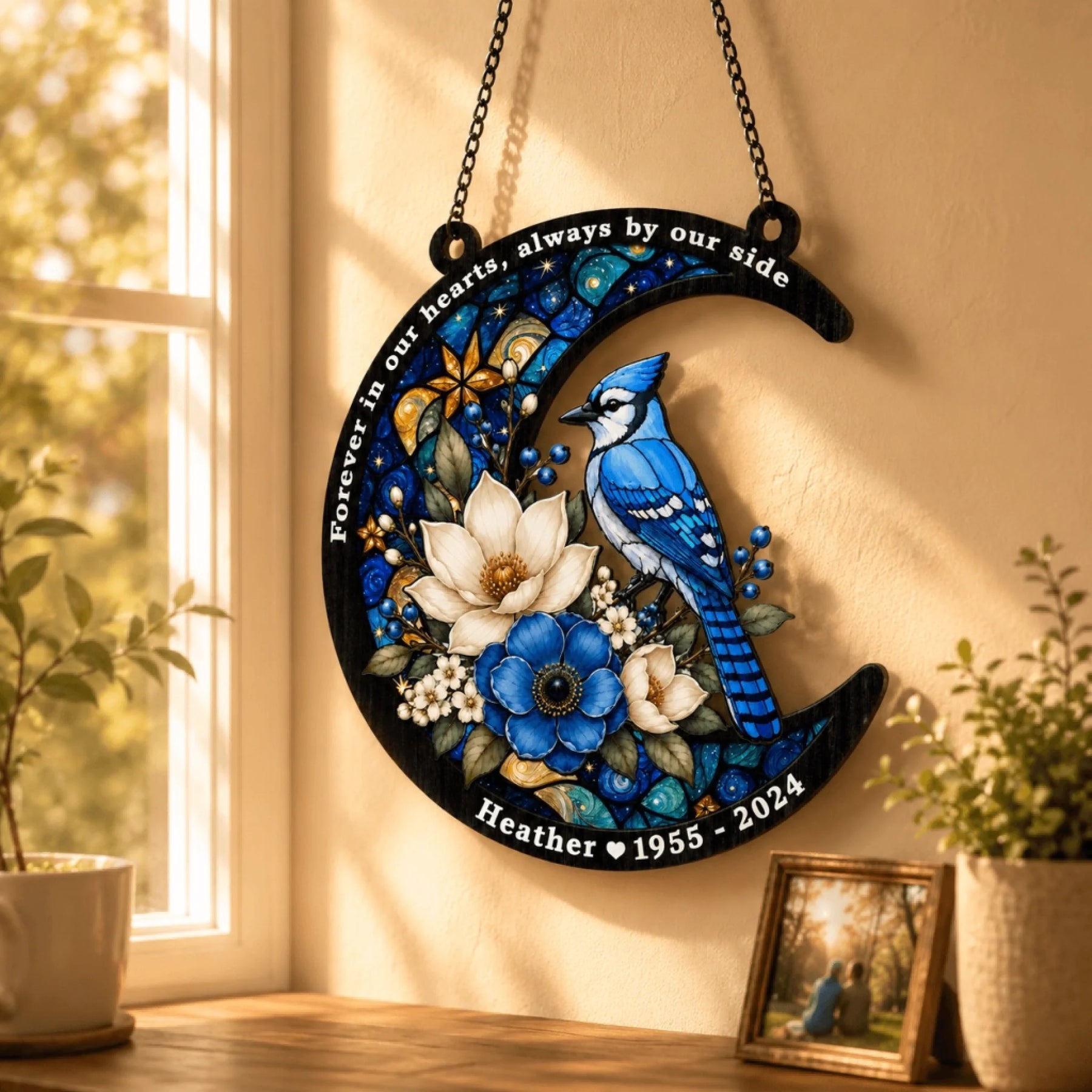 Custom memorial wall decor with a blue jay and floral design honoring Heather with dates 1955 2024 in a window