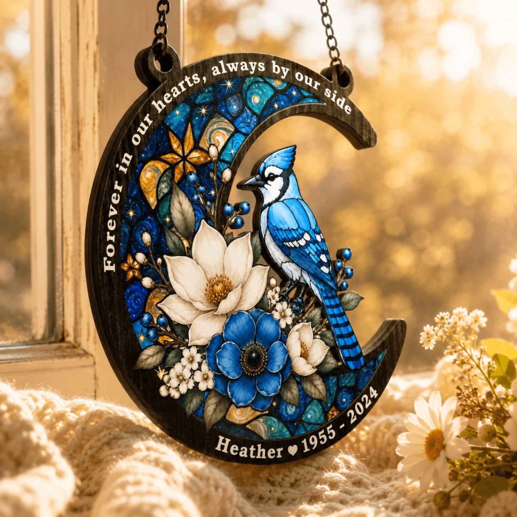 Decorative crescent moon hanging suncatcher with blue jay art and personalized text for a memorial keepsake gift.