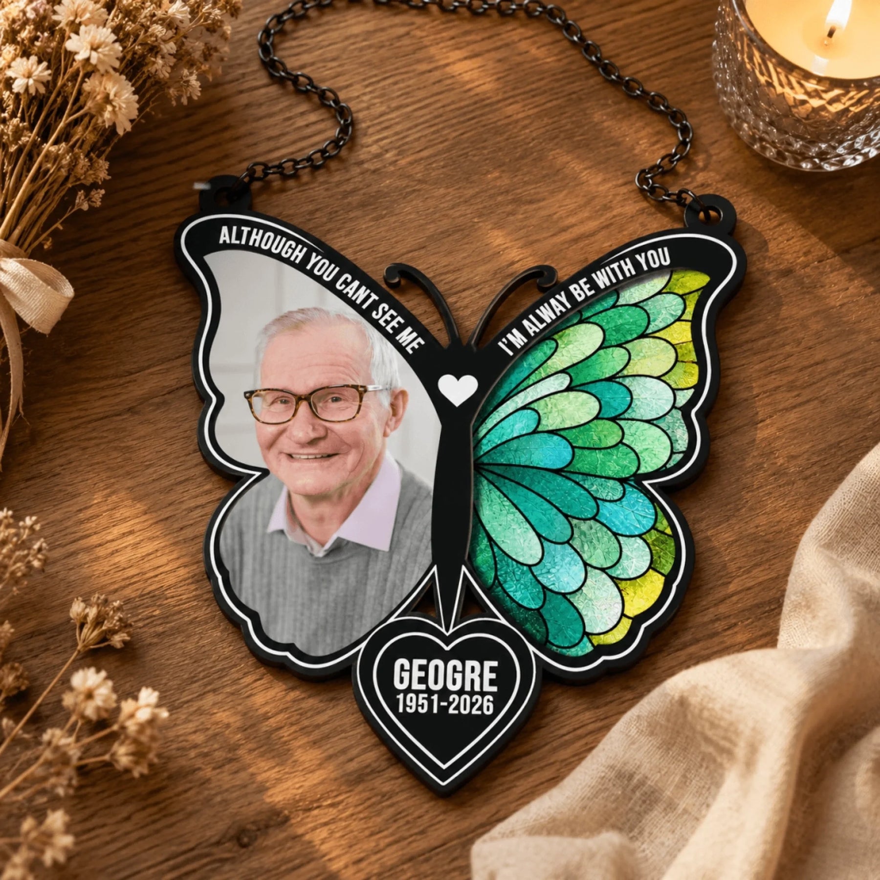 Customized butterfly memorial suncatcher featuring a portrait, heartfelt quote, and name for a thoughtful sympathy gift.